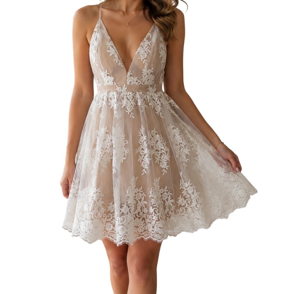 Lulus White And Tan Floral Lace Overlay V-Neck Mini Dress Women's Medium